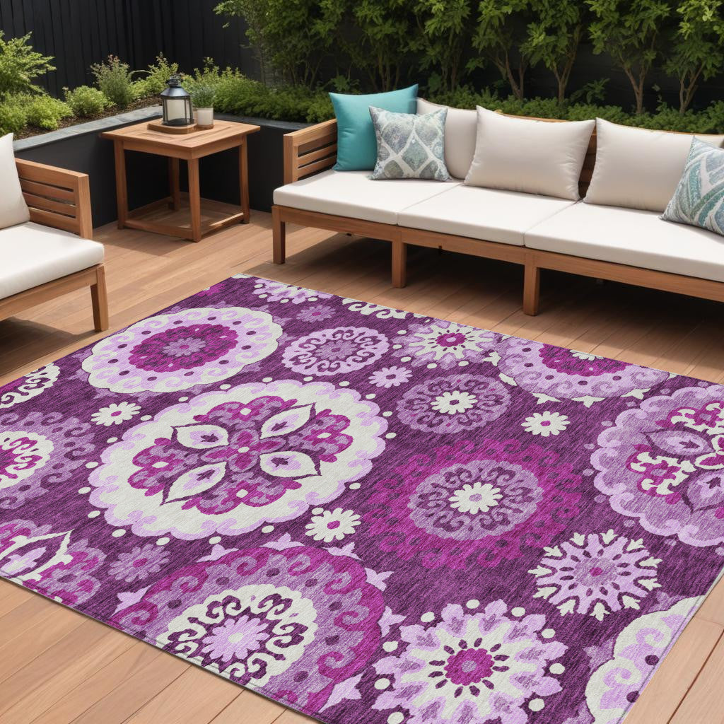9 X 12 Eggplant And Mauve Floral Medallion Washable Indoor Outdoor Area Rug