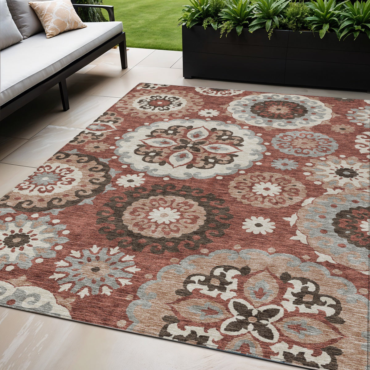 5 X 8 Orange Taupe And Gray Floral Medallion Washable Indoor Outdoor Area Rug