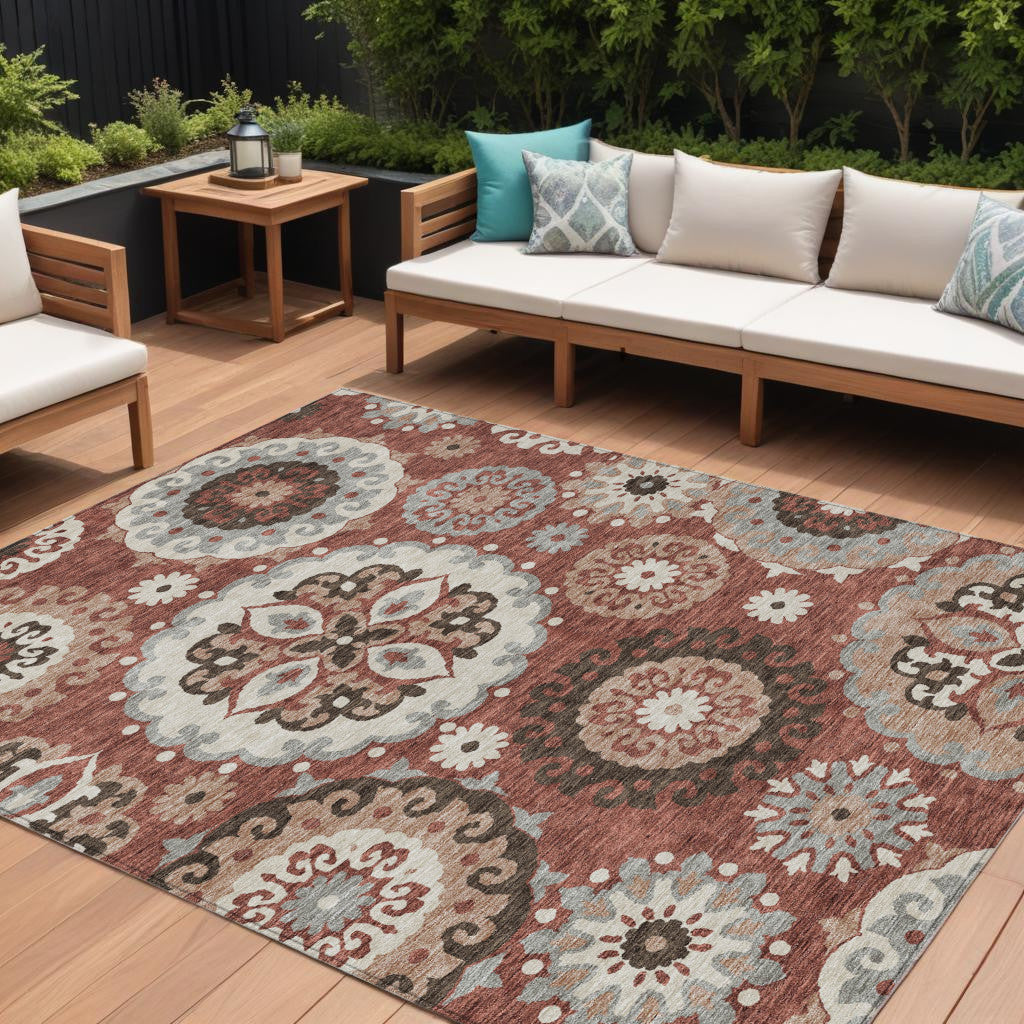 8 X 10 Orange Taupe And Gray Floral Medallion Washable Indoor Outdoor Area Rug