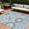 8 X 10 Sky Blue And Denim Blue Floral Medallion Washable Indoor Outdoor Area Rug