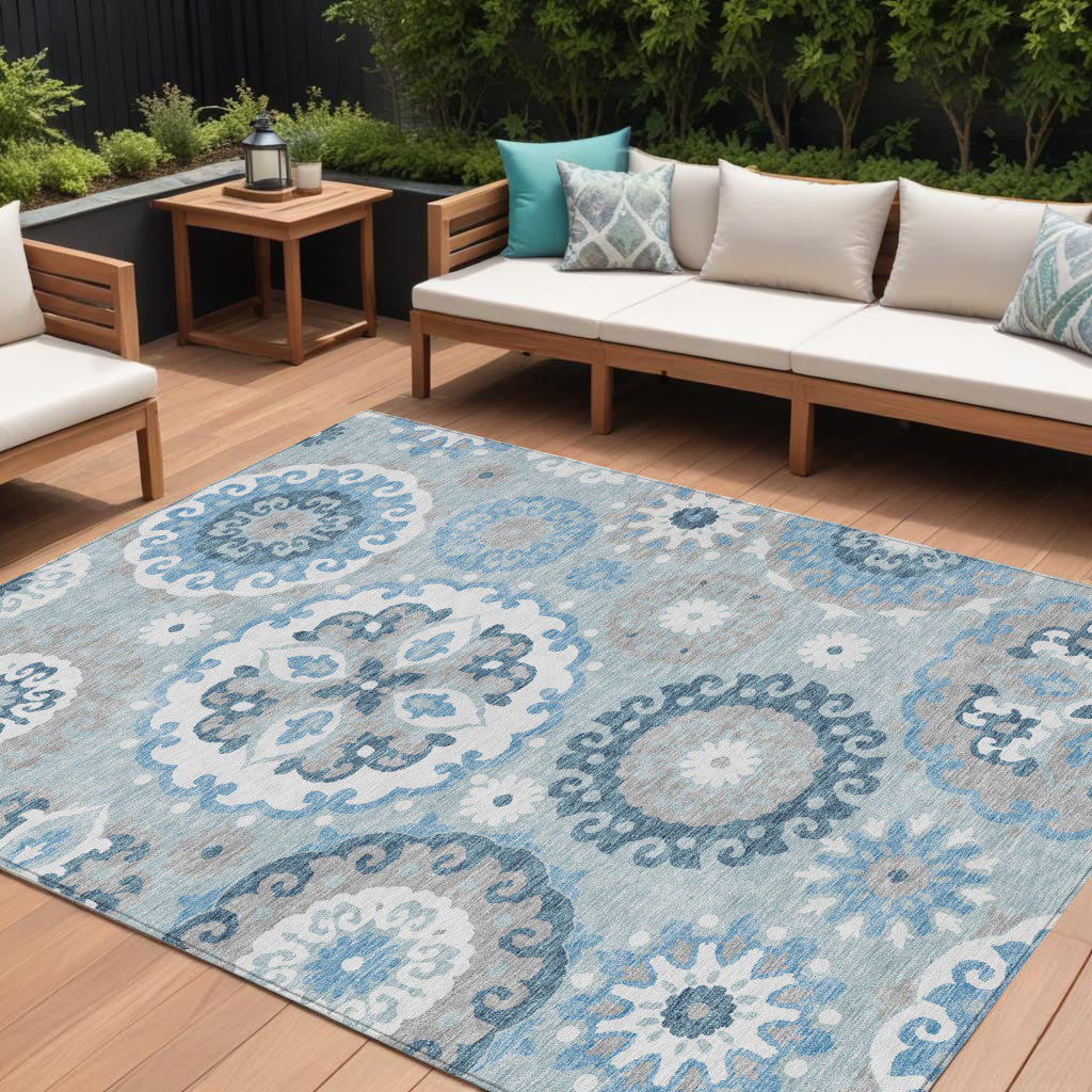 8 X 10 Sky Blue And Denim Blue Floral Medallion Washable Indoor Outdoor Area Rug