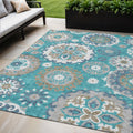 5 X 8 Teal Blue Taupe And Gray Floral Medallion Washable Indoor Outdoor Area Rug