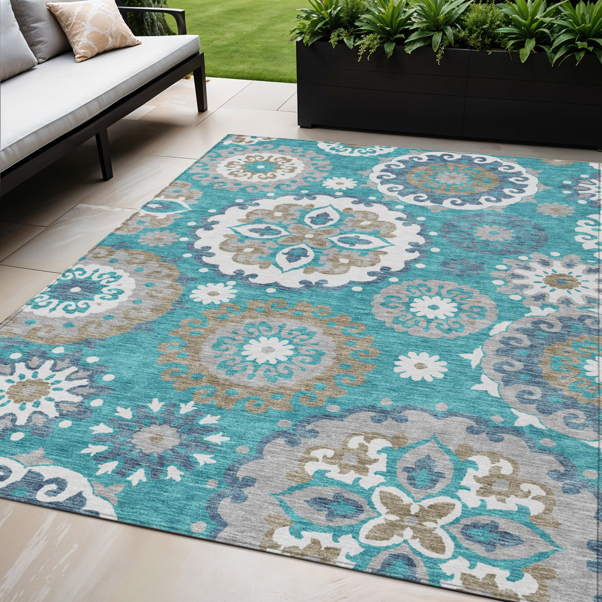 5 X 8 Teal Blue Taupe And Gray Floral Medallion Washable Indoor Outdoor Area Rug