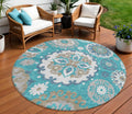 8 Teal Blue Taupe And Gray Round Floral Medallion Washable Indoor Outdoor Area Rug