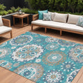 9 X 12 Teal Blue Taupe And Gray Floral Medallion Washable Indoor Outdoor Area Rug