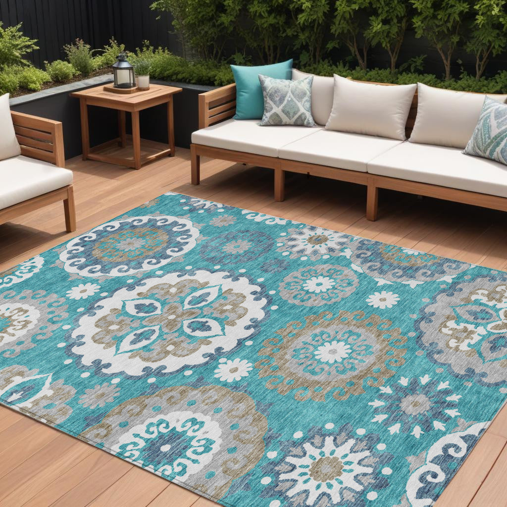 9 X 12 Teal Blue Taupe And Gray Floral Medallion Washable Indoor Outdoor Area Rug