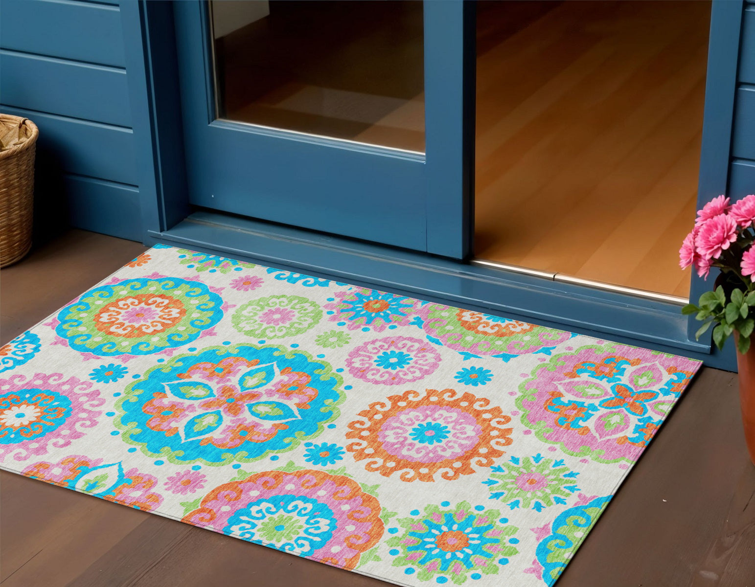 3 X 5 White Orange And Teal Blue Floral Medallion Washable Indoor Outdoor Area Rug