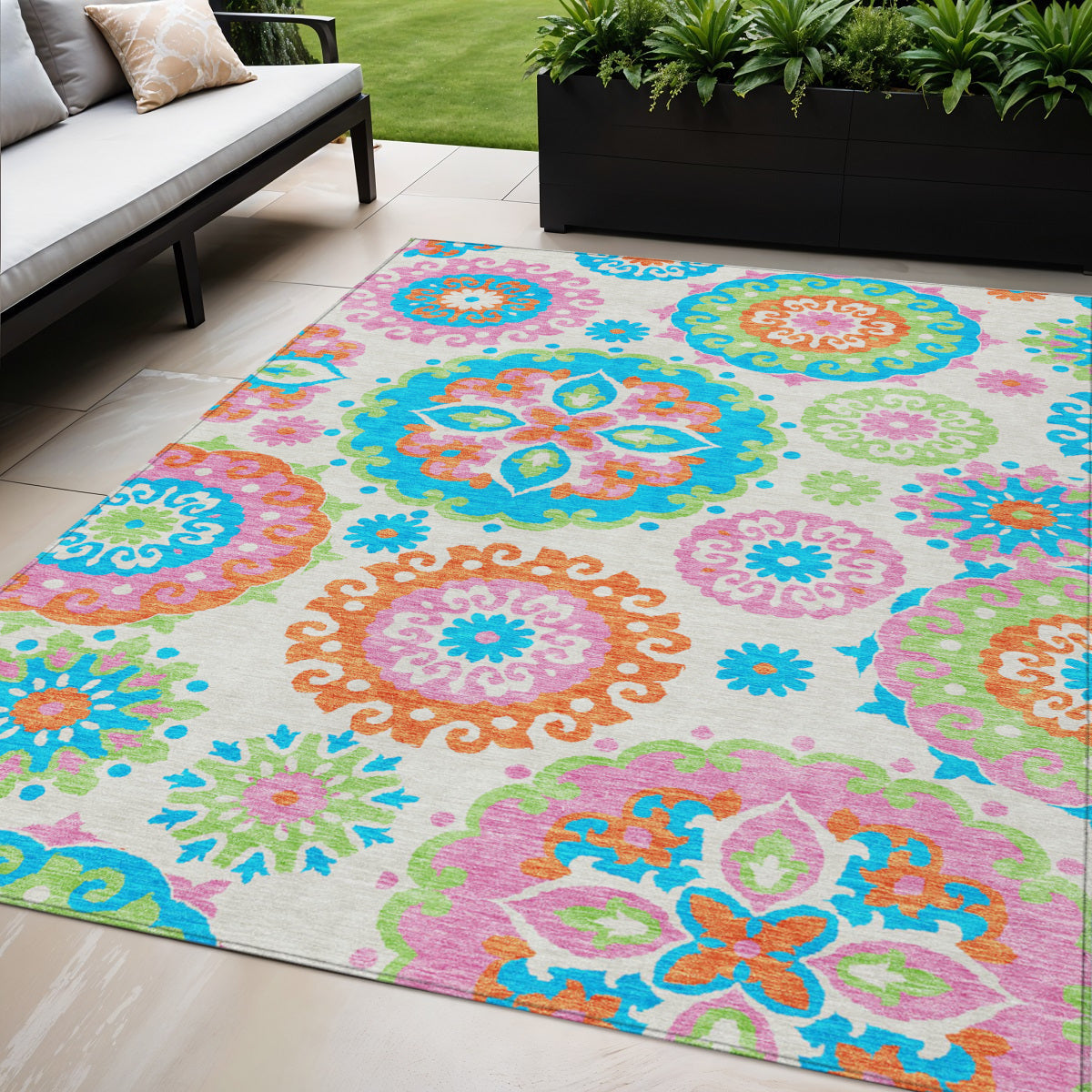 5 X 8 White Orange And Teal Blue Floral Medallion Washable Indoor Outdoor Area Rug