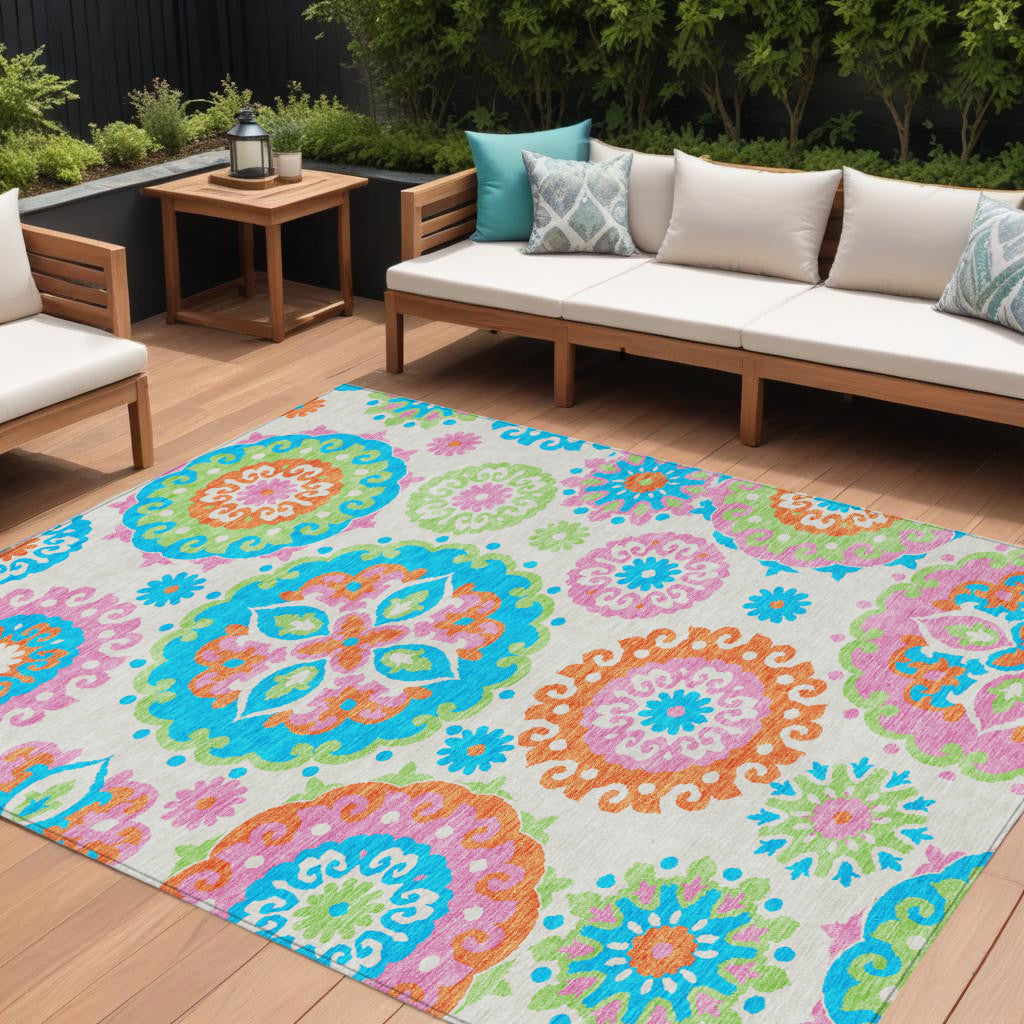 10 X 14 White Orange And Teal Blue Floral Medallion Washable Indoor Outdoor Area Rug