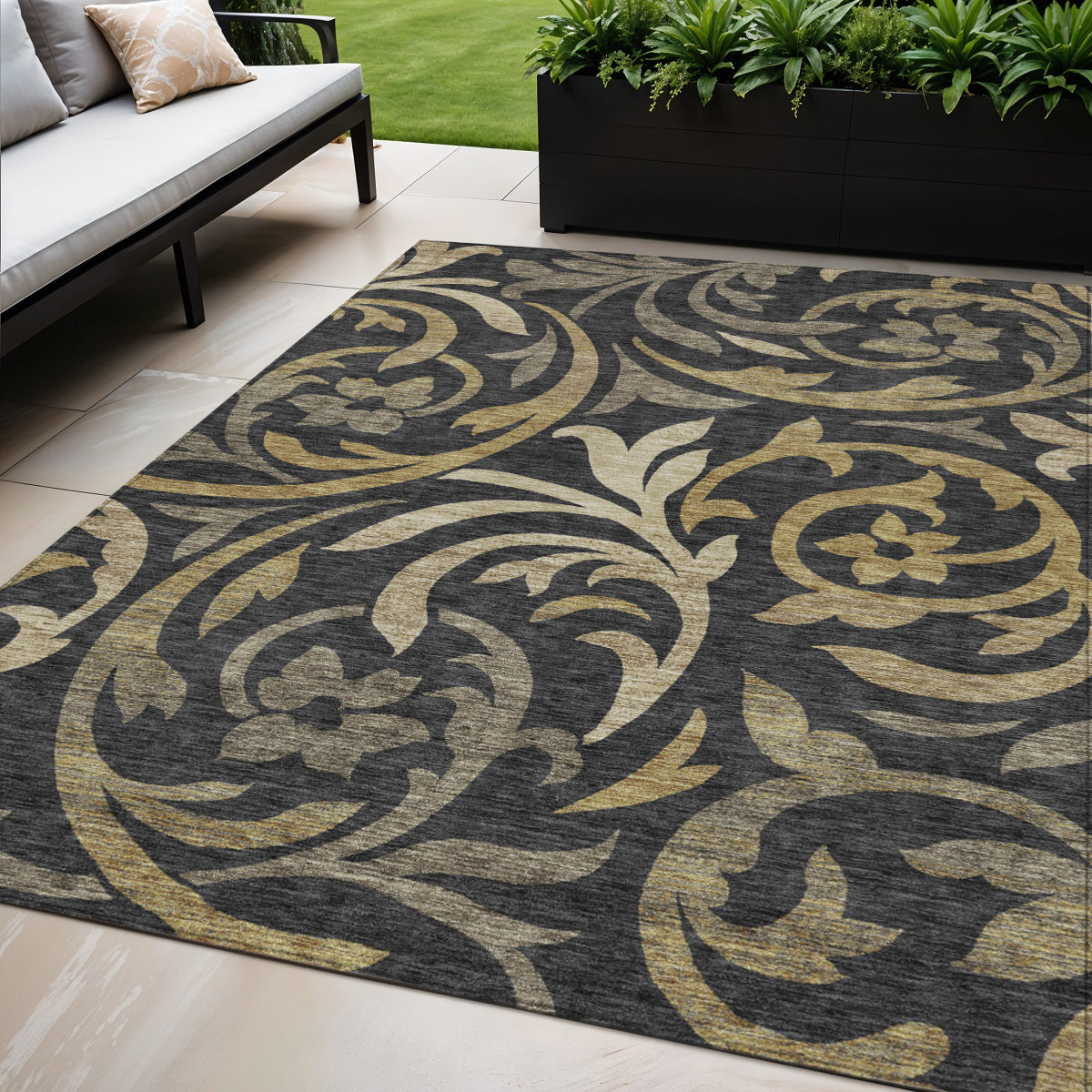 5 X 8 Black Taupe And Gold Floral Washable Indoor Outdoor Area Rug