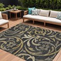 9 X 12 Black Taupe And Gold Floral Washable Indoor Outdoor Area Rug