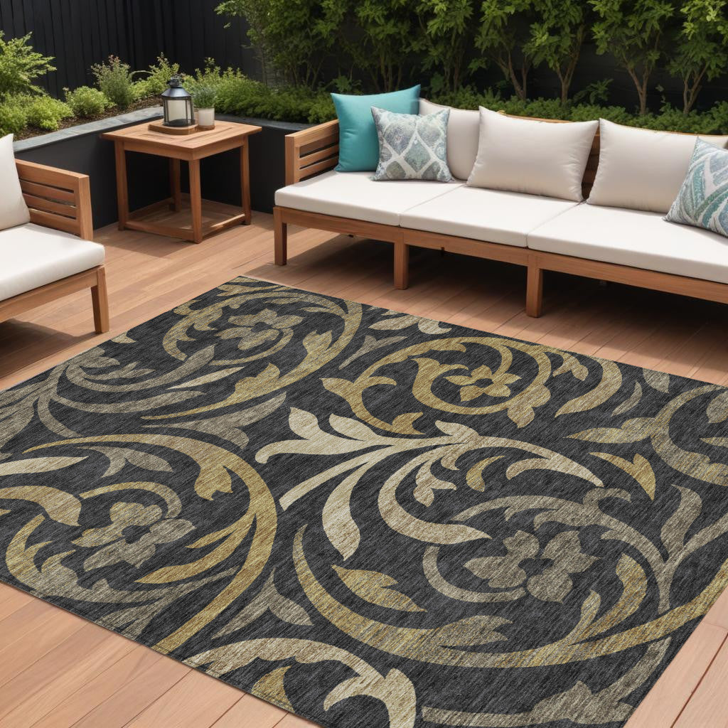 9 X 12 Black Taupe And Gold Floral Washable Indoor Outdoor Area Rug