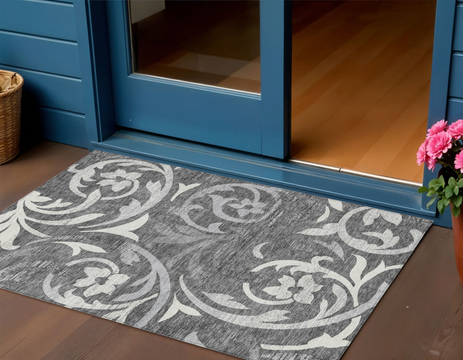 3 X 5 Charcoal Silver And Gray Floral Washable Indoor Outdoor Area Rug