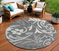 8 Charcoal Silver And Gray Round Floral Washable Indoor Outdoor Area Rug