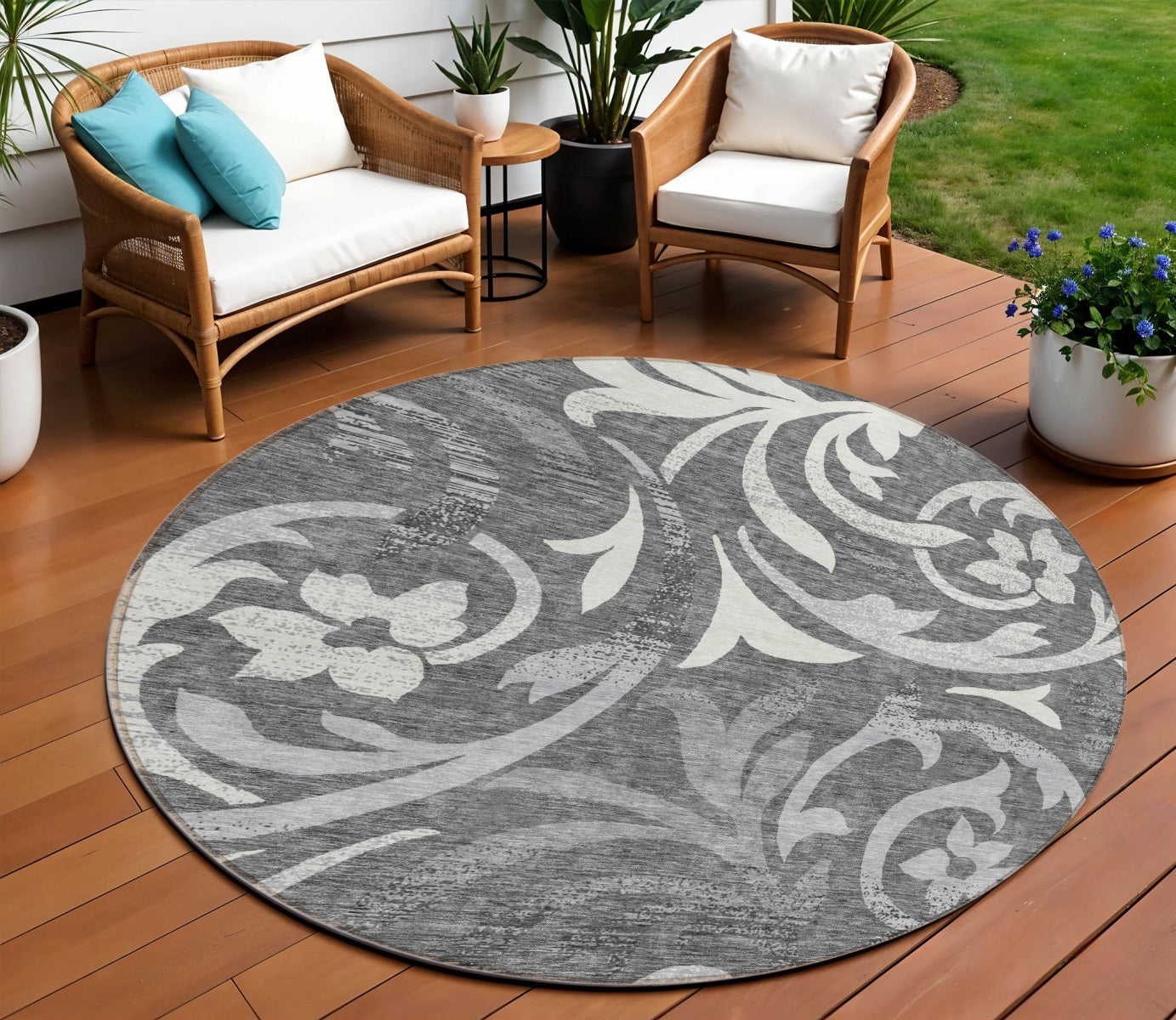 8 Charcoal Silver And Gray Round Floral Washable Indoor Outdoor Area Rug