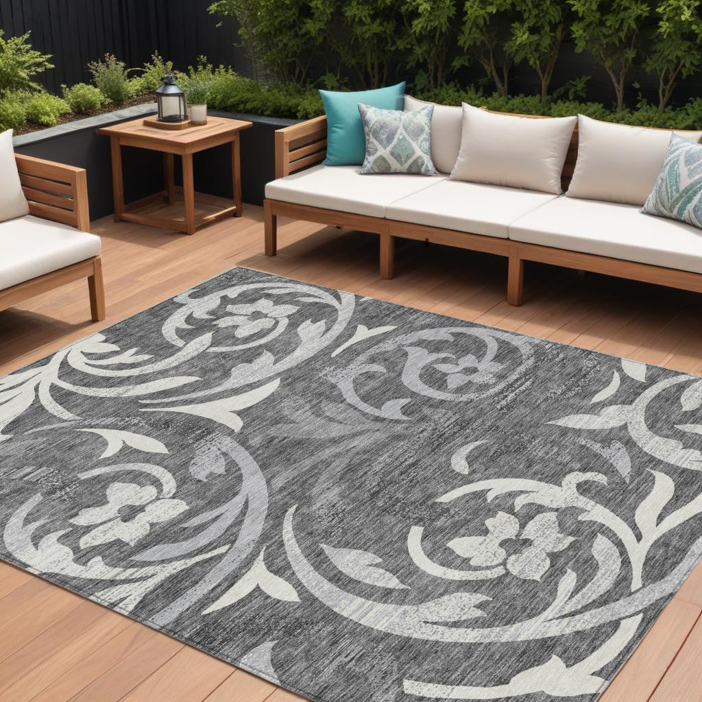 10 X 14 Charcoal Silver And Gray Floral Washable Indoor Outdoor Area Rug