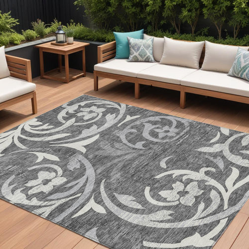 10 X 14 Charcoal Silver And Gray Floral Washable Indoor Outdoor Area Rug