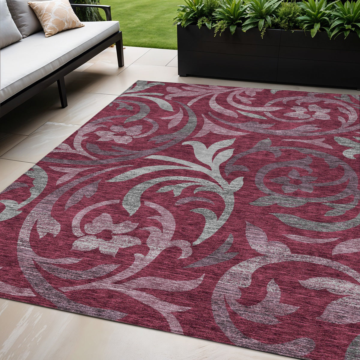 5 X 8 Red Gray And Silver Floral Washable Indoor Outdoor Area Rug