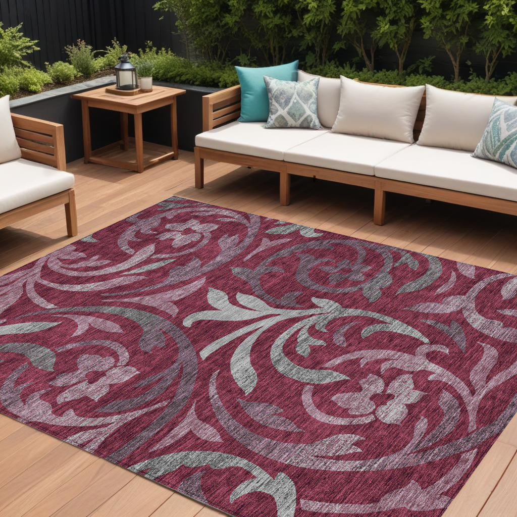 9 X 12 Red Gray And Silver Floral Washable Indoor Outdoor Area Rug
