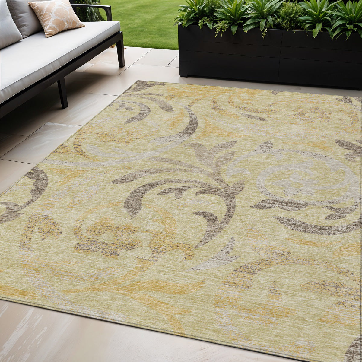 5 X 8 Gold Beige And Taupe Floral Washable Indoor Outdoor Area Rug