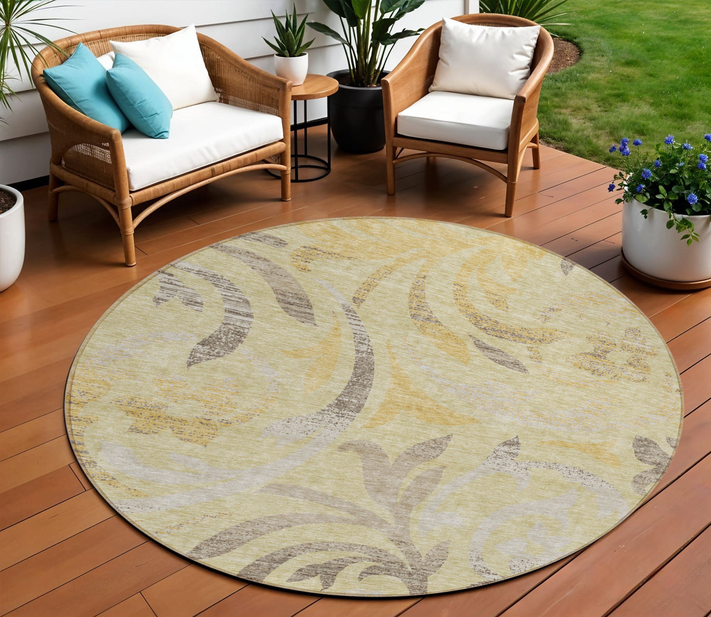 8 Gold Beige And Taupe Round Floral Washable Indoor Outdoor Area Rug