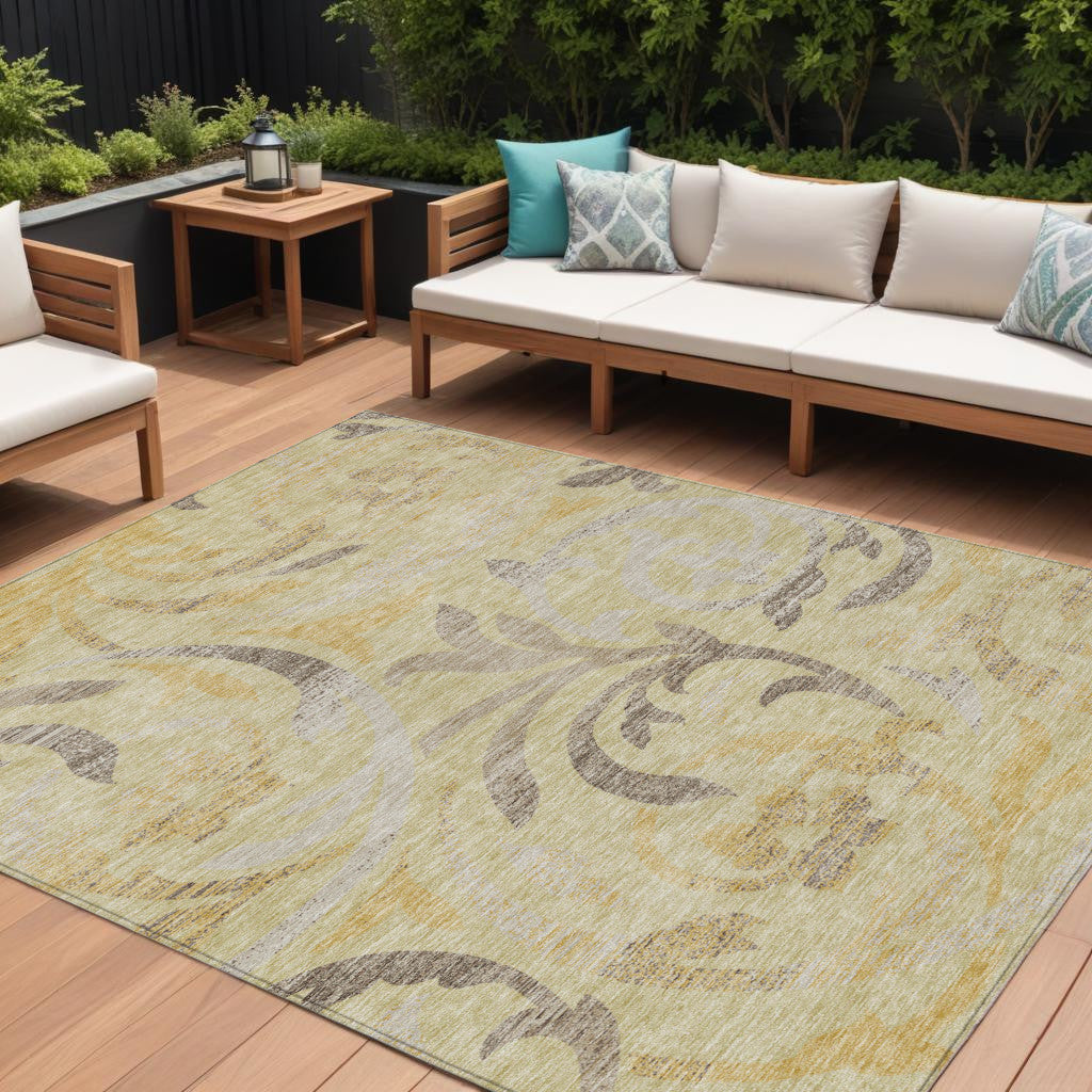 9 X 12 Gold Beige And Taupe Floral Washable Indoor Outdoor Area Rug