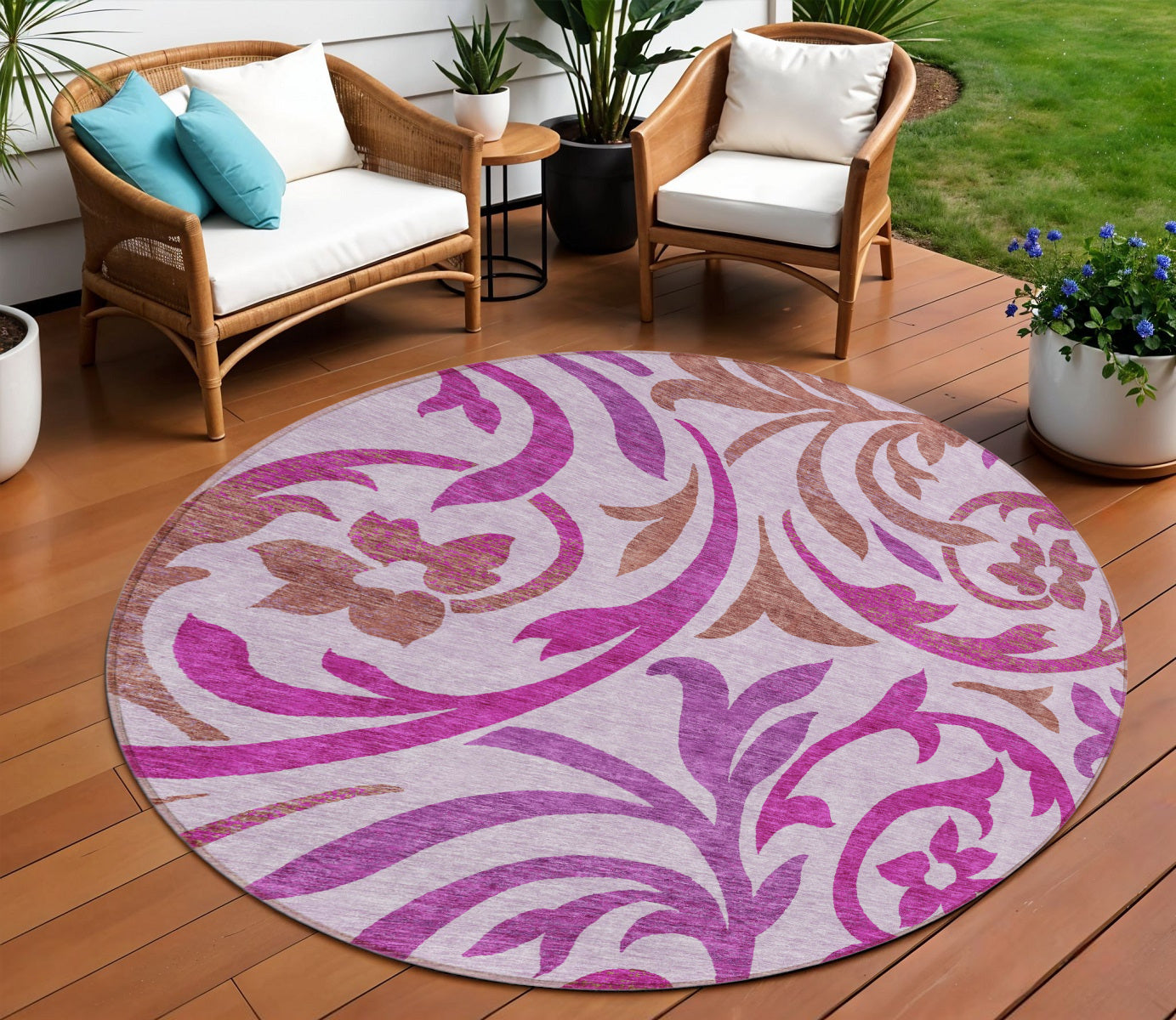 8 Lavender Blush And Purple Round Floral Washable Indoor Outdoor Area Rug