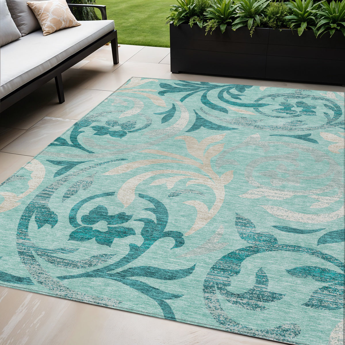 5 X 8 Teal Blue Aqua And Beige Floral Washable Indoor Outdoor Area Rug