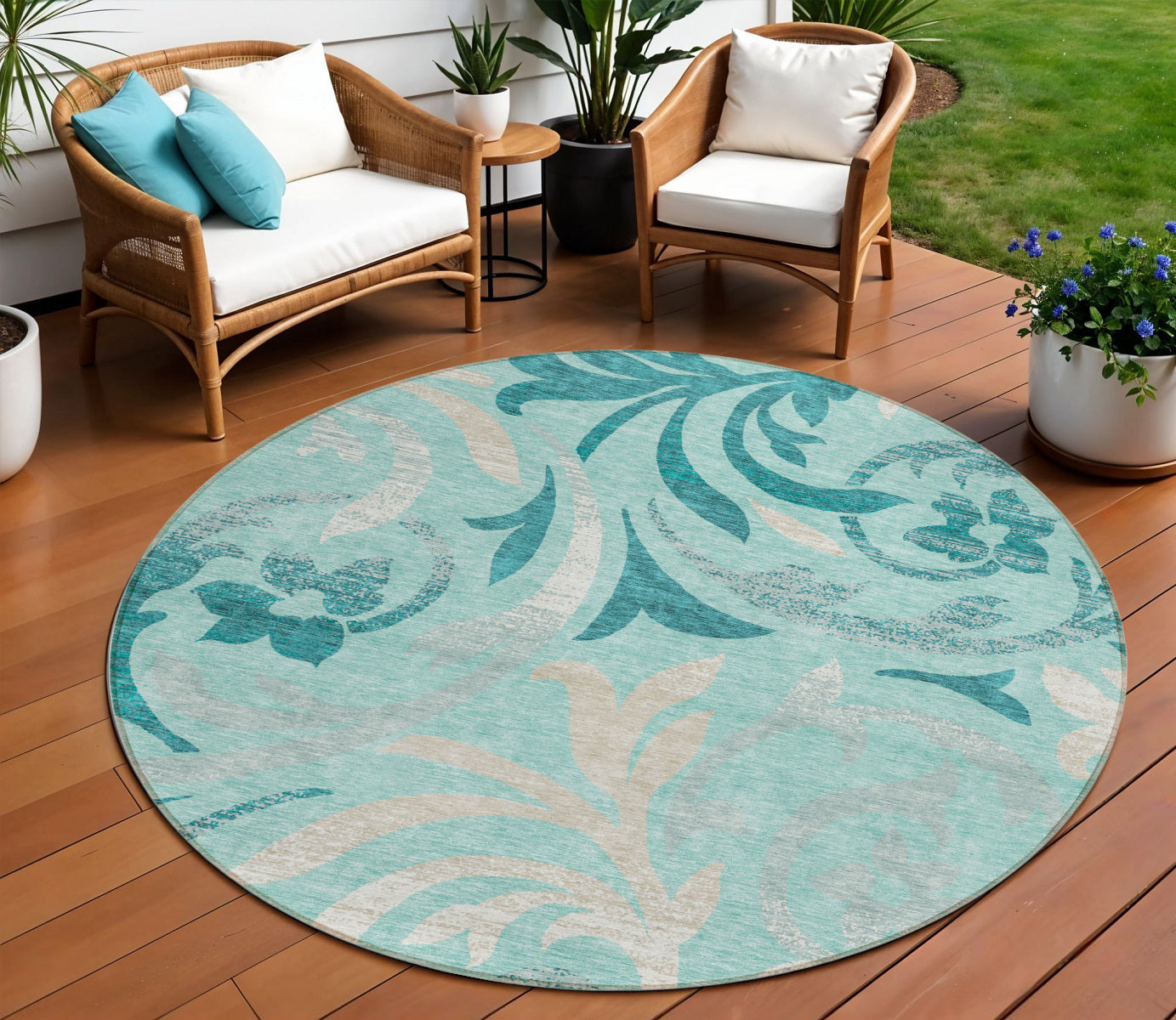 8 Teal Blue Aqua And Beige Round Floral Washable Indoor Outdoor Area Rug