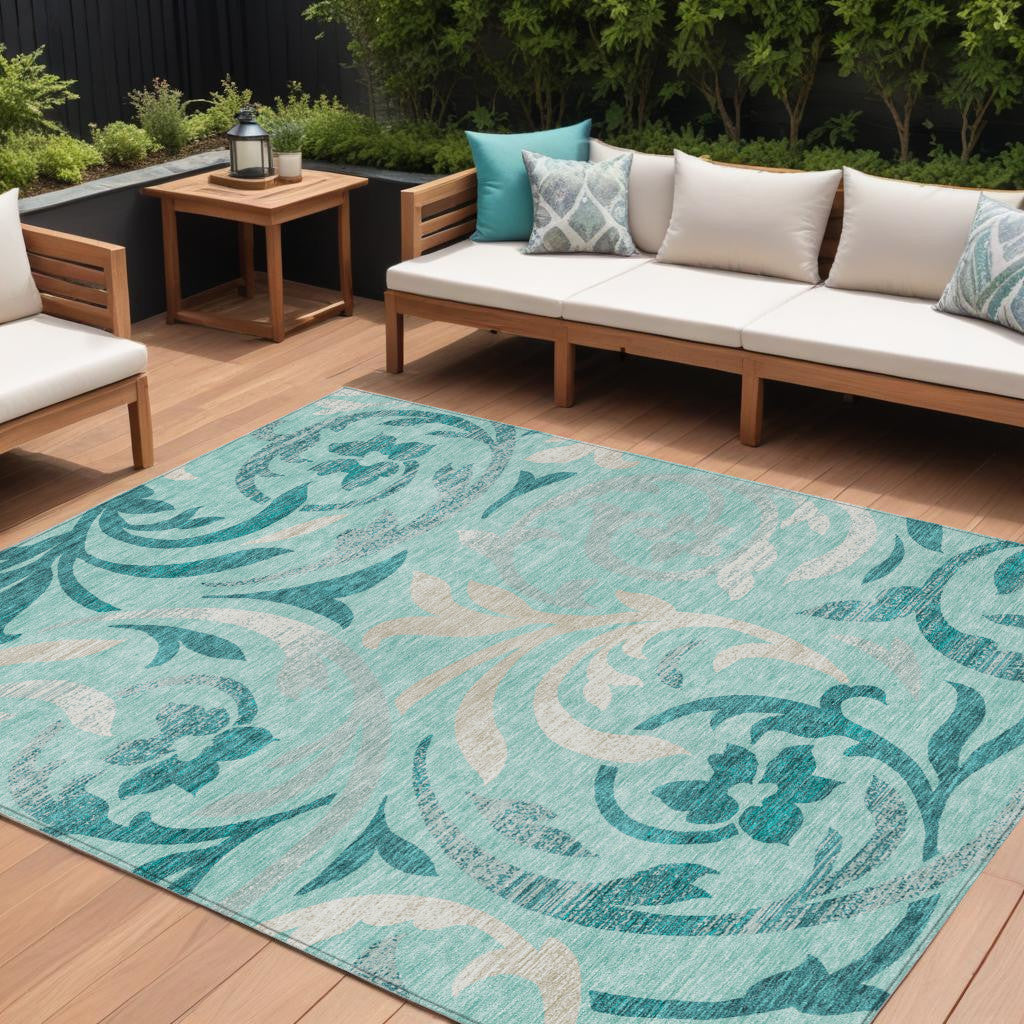 9 X 12 Teal Blue Aqua And Beige Floral Washable Indoor Outdoor Area Rug