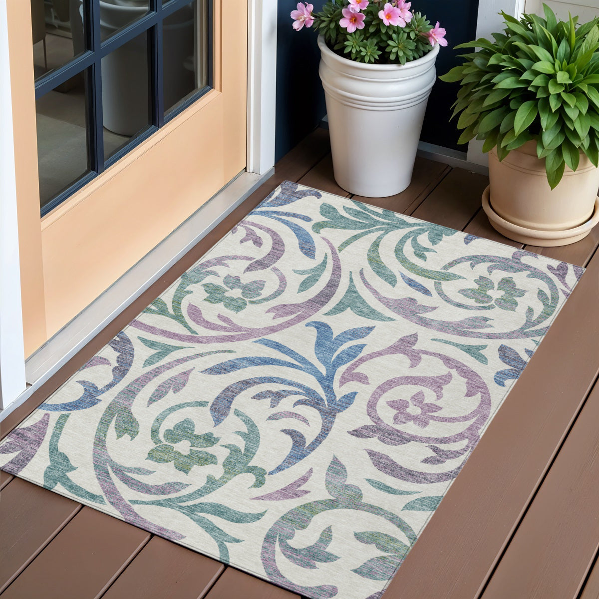 3 X 5 White Purple And Sage Floral Washable Indoor Outdoor Area Rug