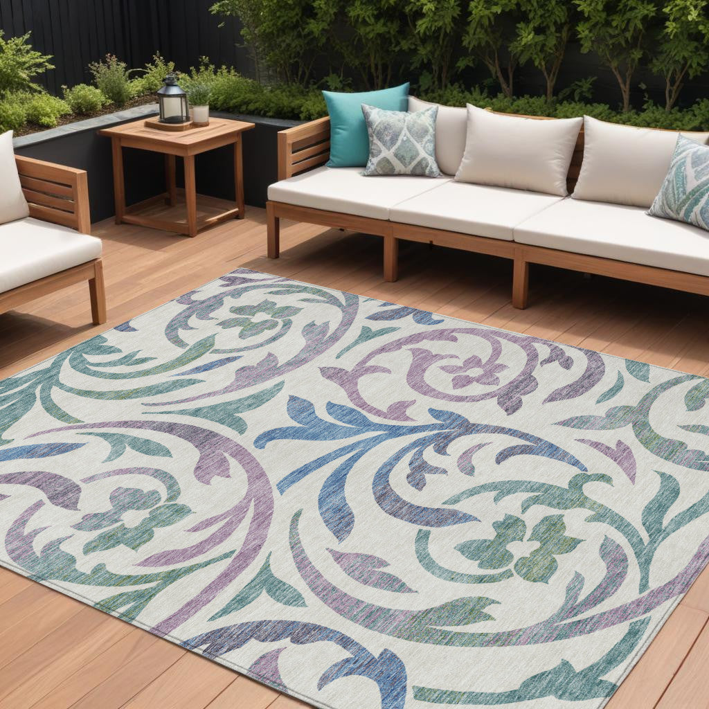 8 X 10 White Purple And Sage Floral Washable Indoor Outdoor Area Rug