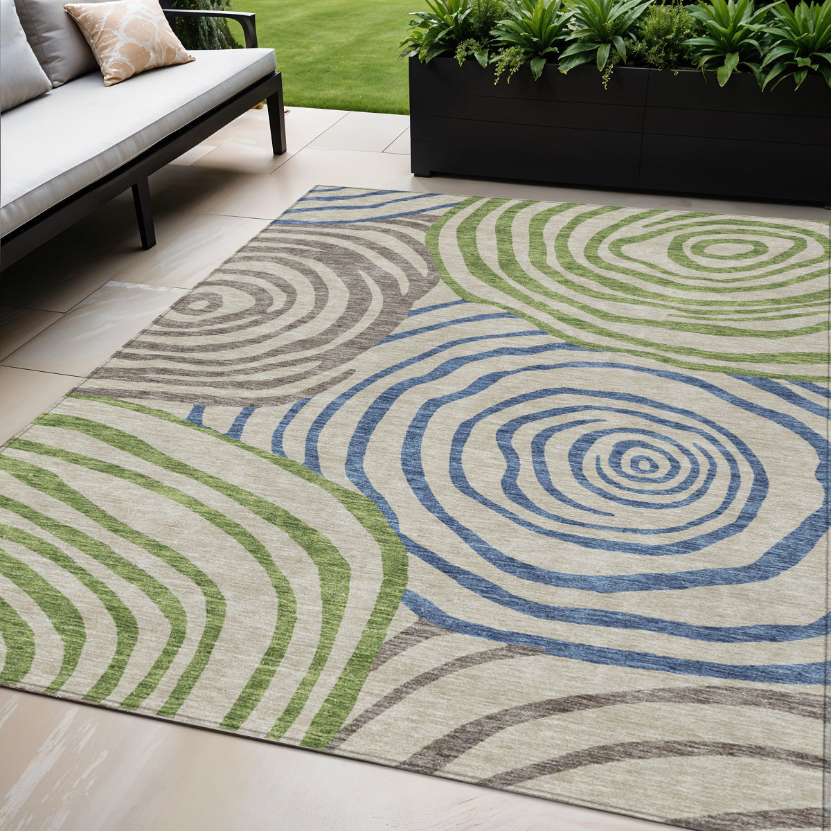 5 X 8 Beige Taupe And Green Abstract Washable Indoor Outdoor Area Rug