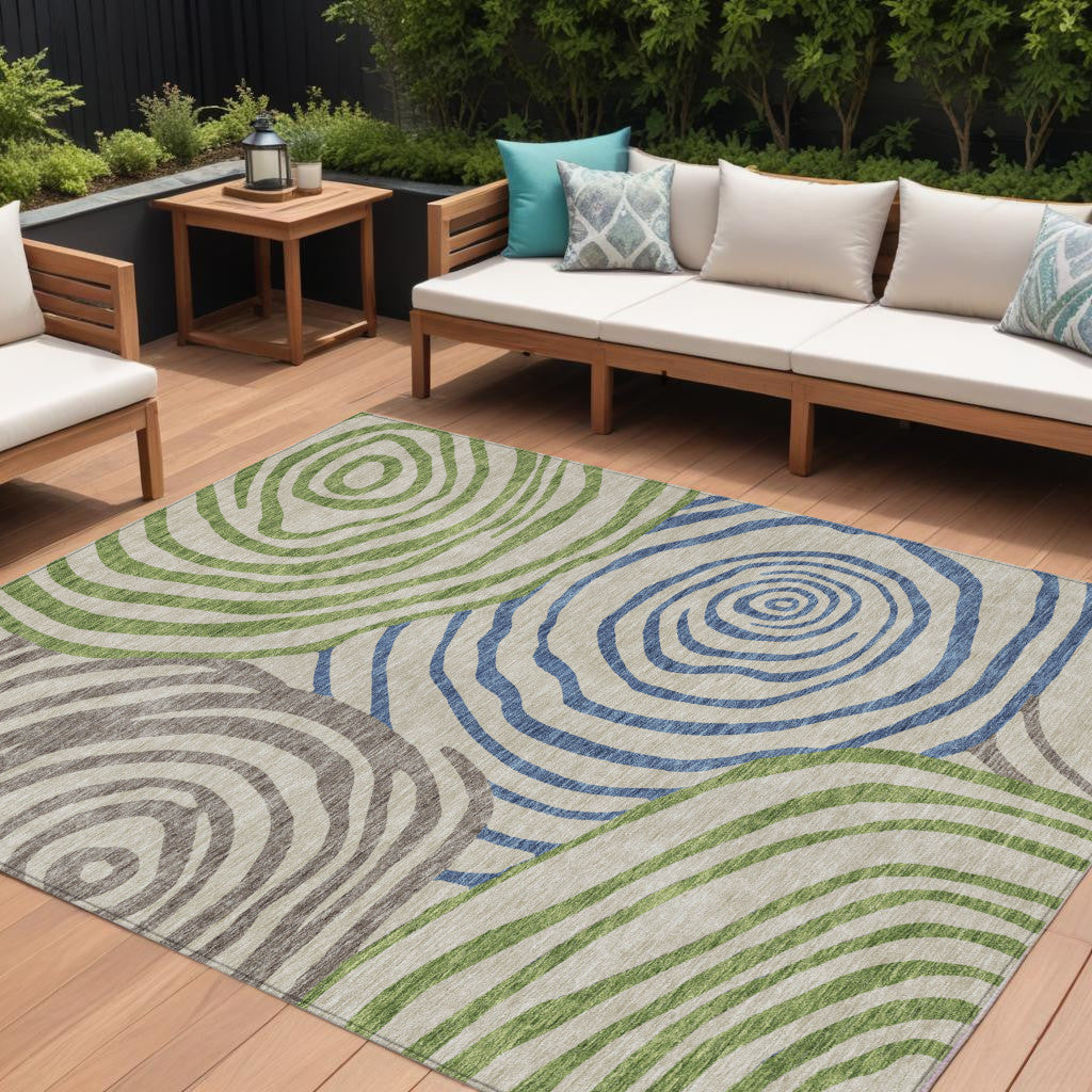 9 X 12 Beige Taupe And Green Abstract Washable Indoor Outdoor Area Rug