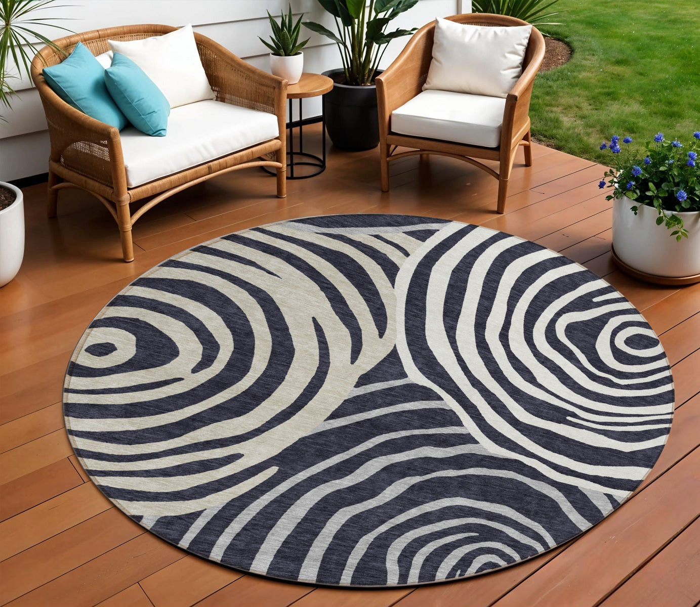 8 Black Charcoal And Gray Round Abstract Washable Indoor Outdoor Area Rug