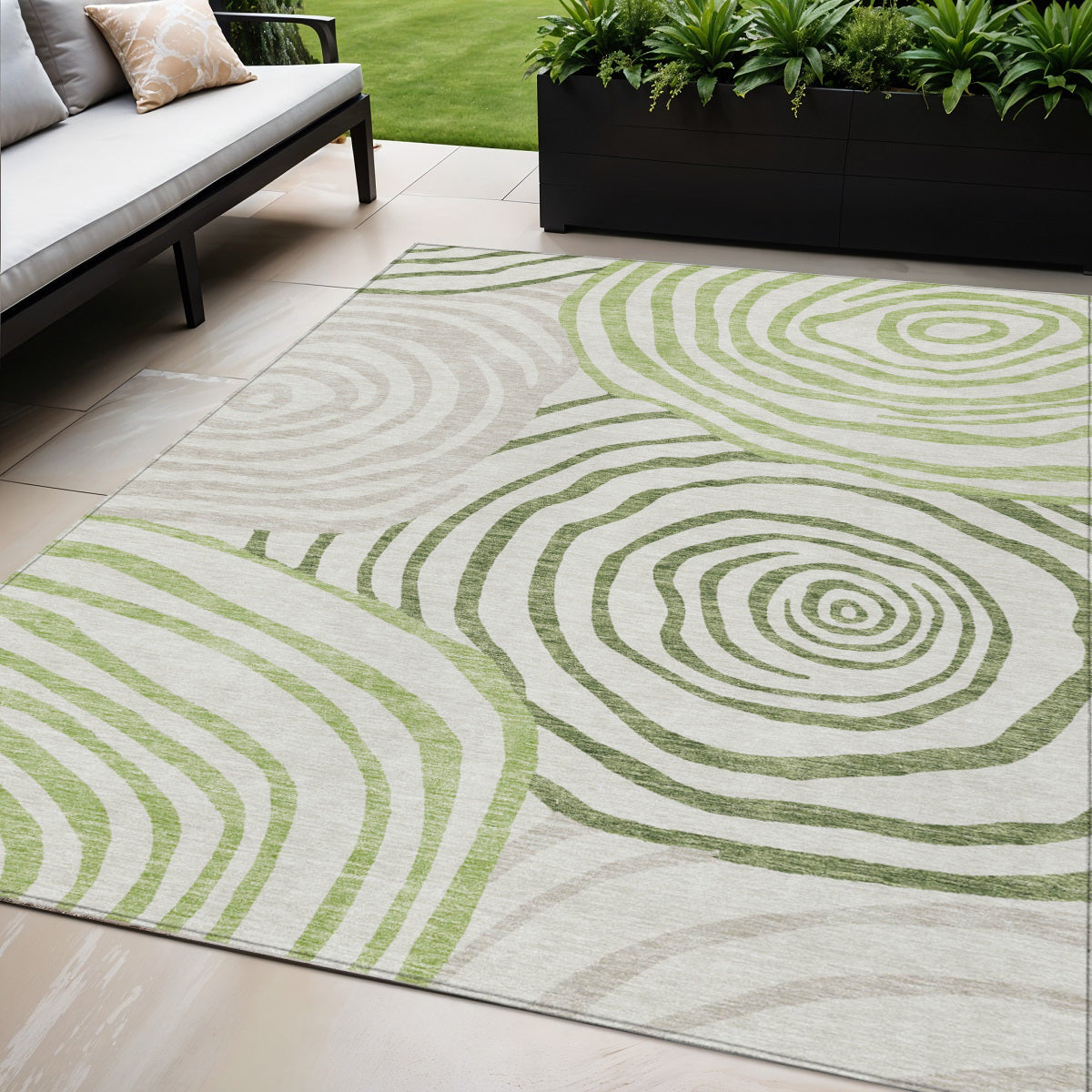 5 X 8 Artichoke Green And Fern Green Abstract Washable Indoor Outdoor Area Rug