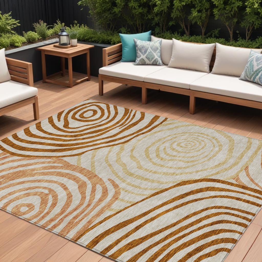 9 X 12 Terra Cotta Copper And Gold Abstract Washable Indoor Outdoor Area Rug