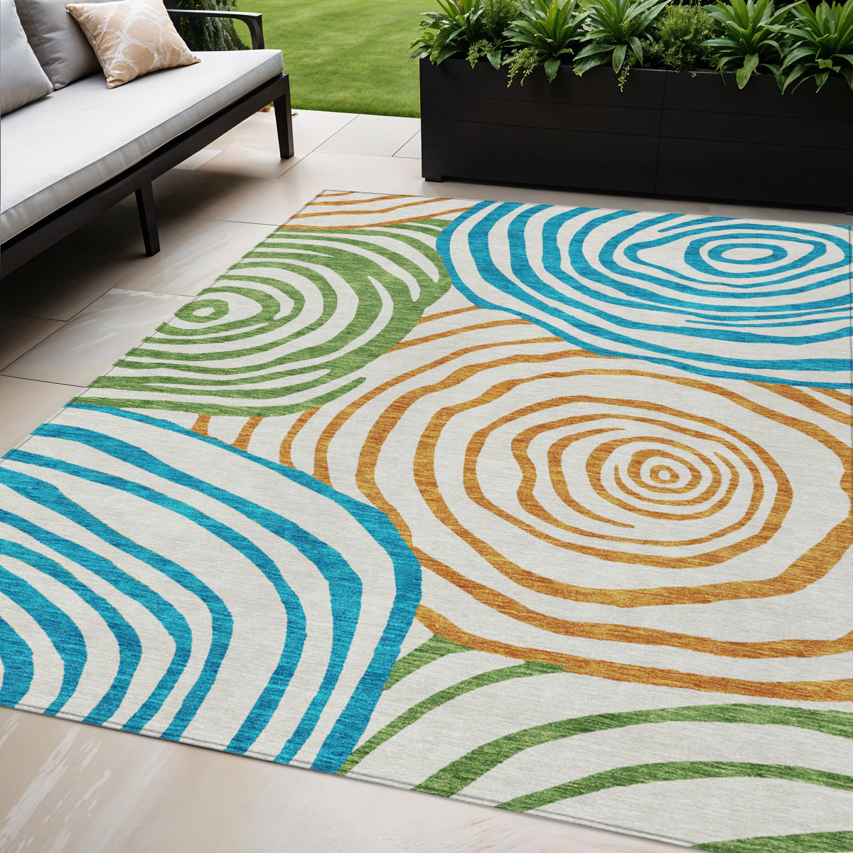 5 X 8 White Orange And Teal Blue Abstract Washable Indoor Outdoor Area Rug