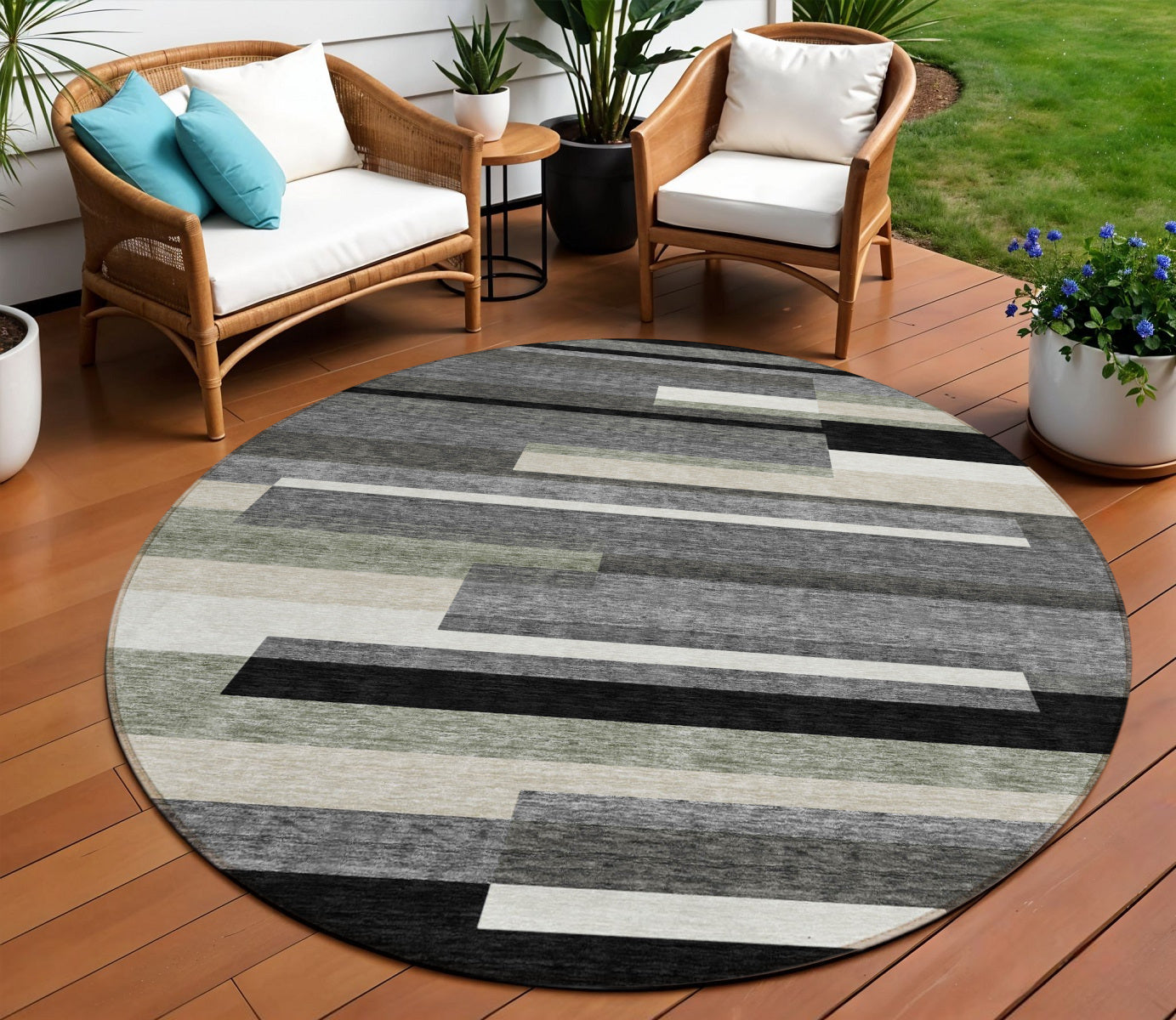 8 Black Charcoal And Gray Round Striped Washable Indoor Outdoor Area Rug