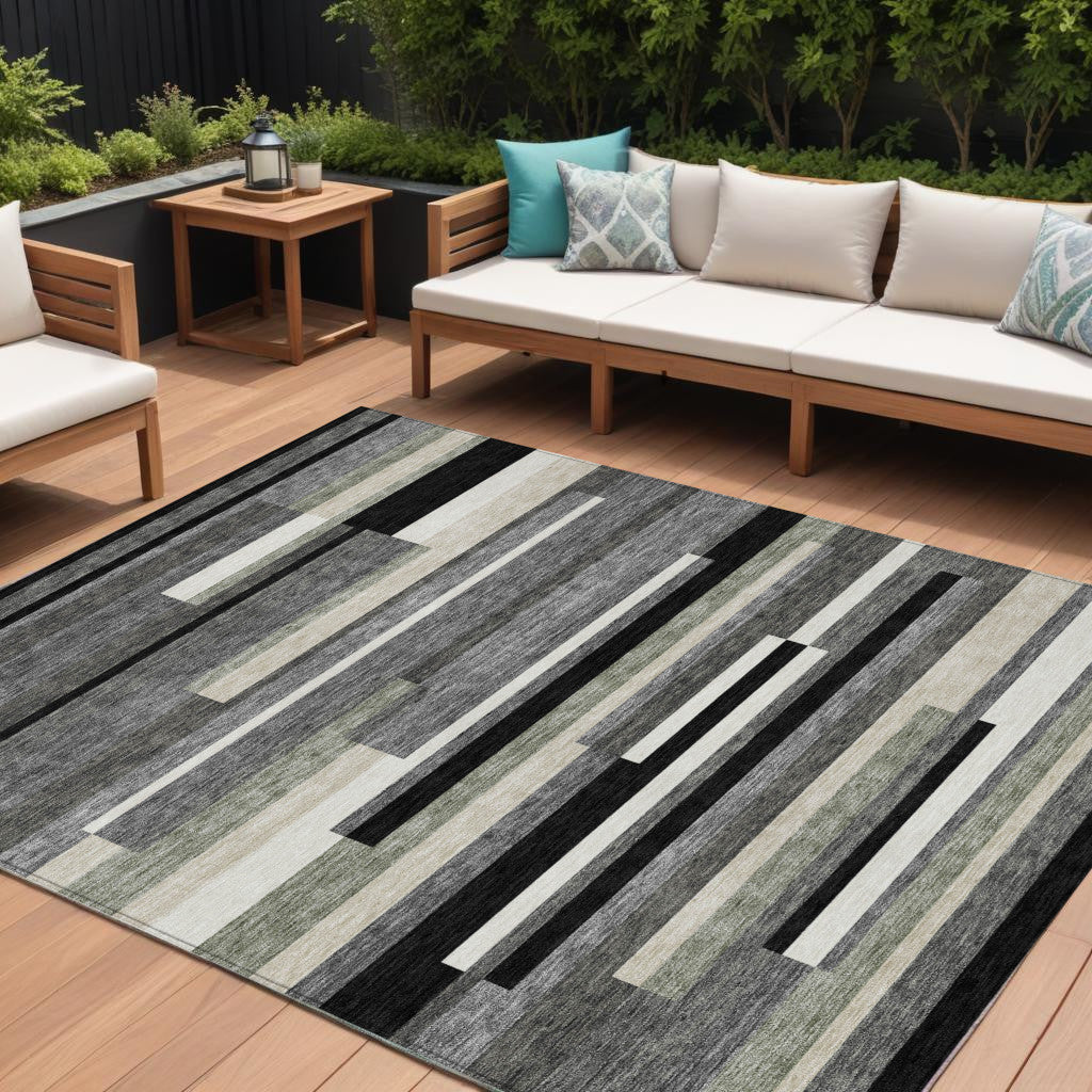 9 X 12 Black Charcoal And Gray Striped Washable Indoor Outdoor Area Rug