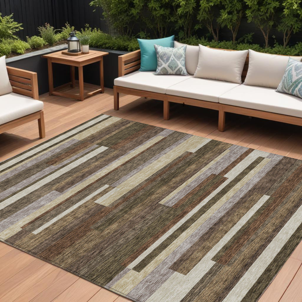 9 X 12 Brown Beige And Copper Striped Washable Indoor Outdoor Area Rug