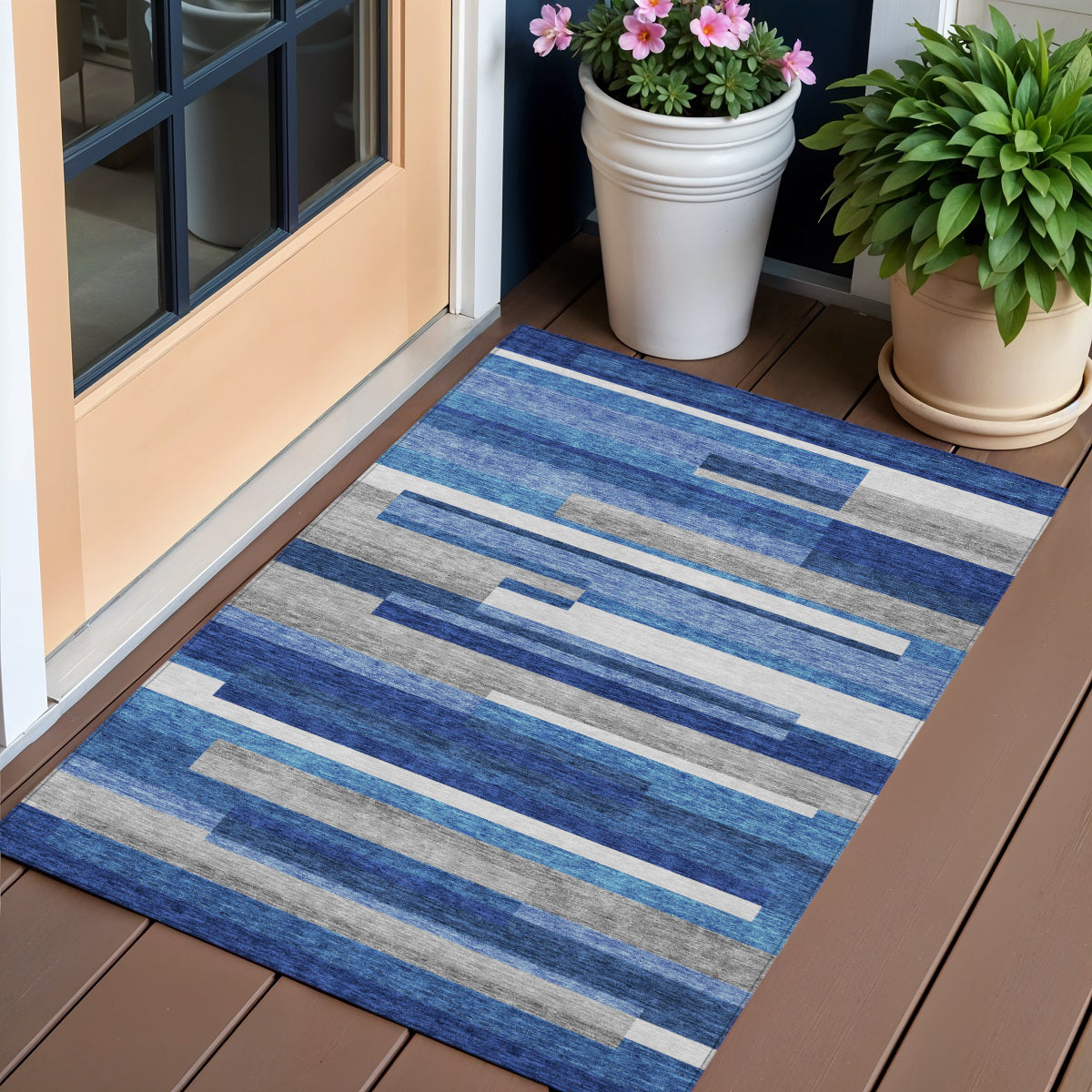 3 X 5 Navy Blue And Denim Blue Striped Washable Indoor Outdoor Area Rug
