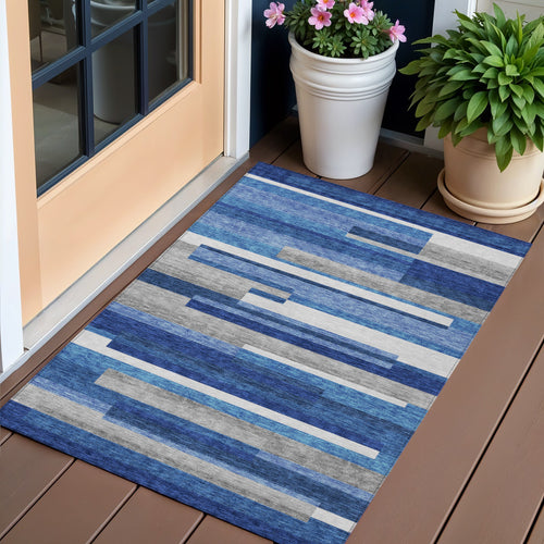 3 X 5 Navy Blue And Denim Blue Striped Washable Indoor Outdoor Area Rug