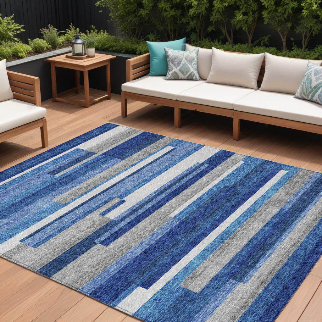 8 X 10 Navy Blue And Denim Blue Striped Washable Indoor Outdoor Area Rug