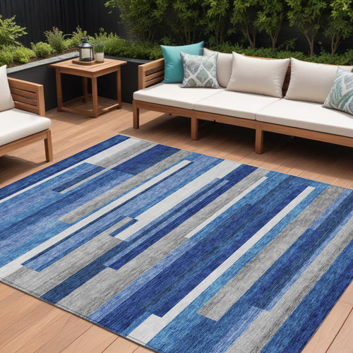 10 X 14 Navy Blue And Denim Blue Striped Washable Indoor Outdoor Area Rug