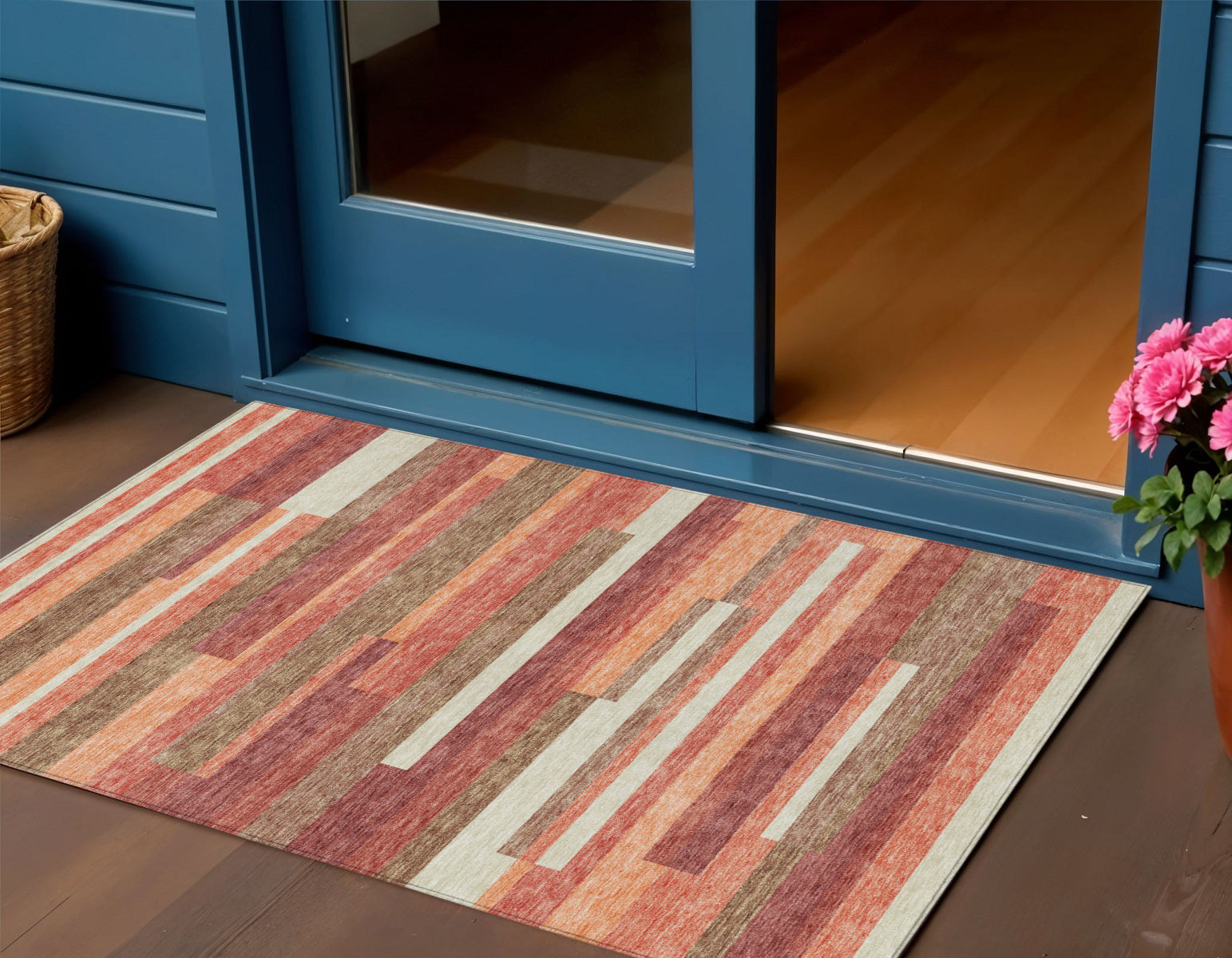 3 X 5 Coral Peach And Taupe Striped Washable Indoor Outdoor Area Rug