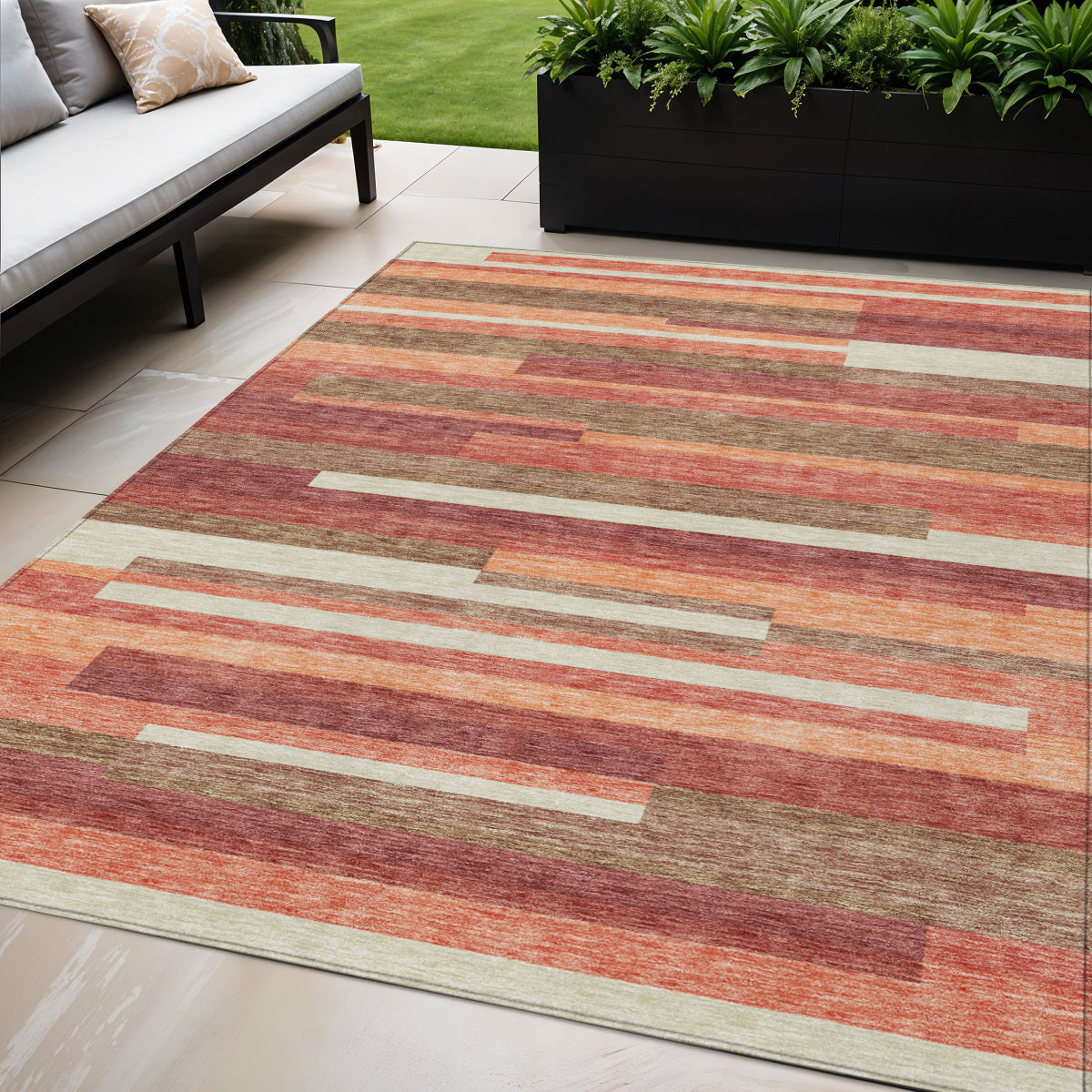5 X 8 Coral Peach And Taupe Striped Washable Indoor Outdoor Area Rug