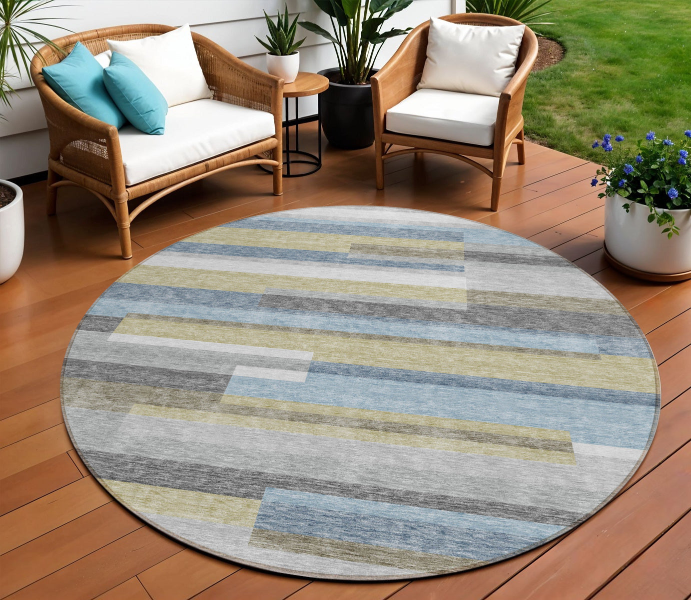 8 Gray Denim Blue And Sky Blue Round Striped Washable Indoor Outdoor Area Rug