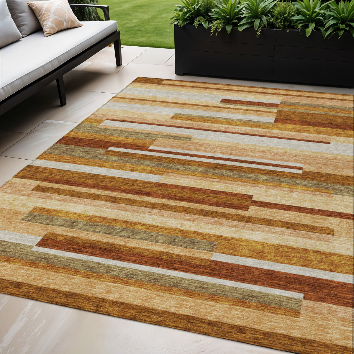 5 X 8 Orange Copper And Taupe Striped Washable Indoor Outdoor Area Rug
