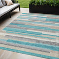 5 X 8 Teal Blue Gray And Beige Striped Washable Indoor Outdoor Area Rug